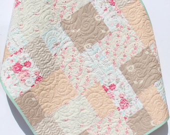 Farmhouse Baby Quilt, Floral Minky Blanket, Flower Crib Bedding, Vintage Chic Roses, Tan Beige Coral, Pink Grey Gray, Handmade Modern Quilt