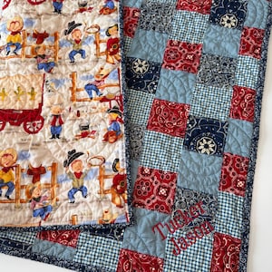 Country Western Baby Quilt, Toddler Bedding, Cowpoke, Wagon, Bandana Patchwork, Crib Quilt, Cowboy Baby Blanket, Navy Blue, Red, Childrens image 10