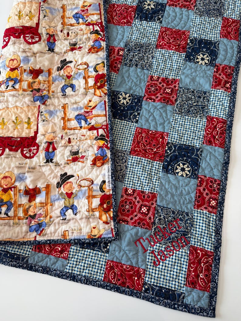 Country Western Baby Quilt, Toddler Bedding, Cowpoke, Wagon, Bandana Patchwork, Crib Quilt, Cowboy Baby Blanket, Navy Blue, Red, Childrens image 10
