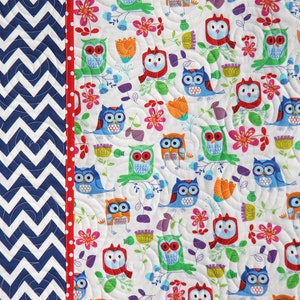 SALE LAST ONE Owl Quilt, Blue Chevron Blanket, Primary Colors, Red Blue Green Orange, Nursery Bedding, Crib Cot, Gender Neutral, Boy or Girl image 4