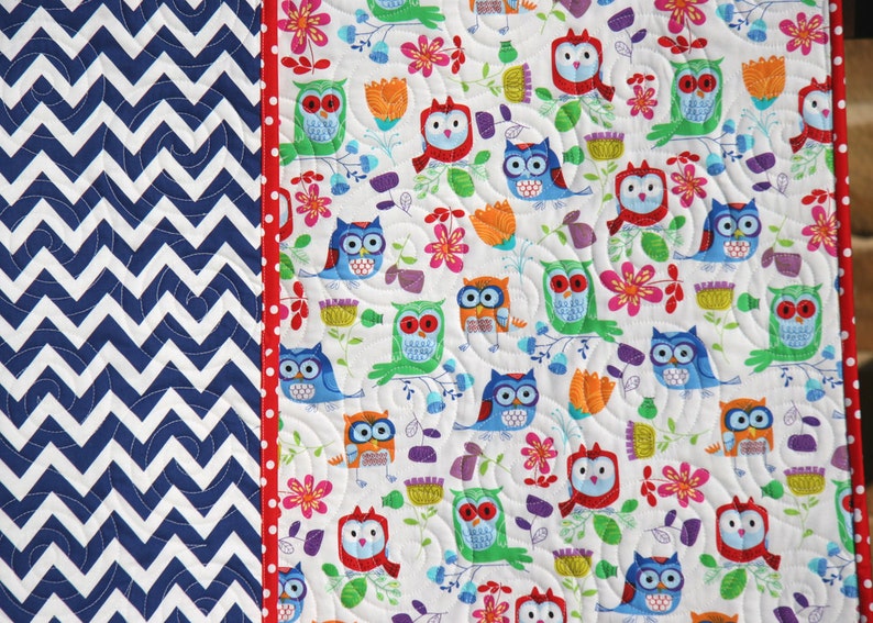 SALE LAST ONE Owl Quilt, Blue Chevron Blanket, Primary Colors, Red Blue Green Orange, Nursery Bedding, Crib Cot, Gender Neutral, Boy or Girl image 4