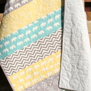 Gender Neutral Quilt, Organic Birch Fabrics, Nursery Bedding, Yellow Mint Grey, Boy Girl, Chevron Elephant, Striped Minimalist, Newborn Gift image 1