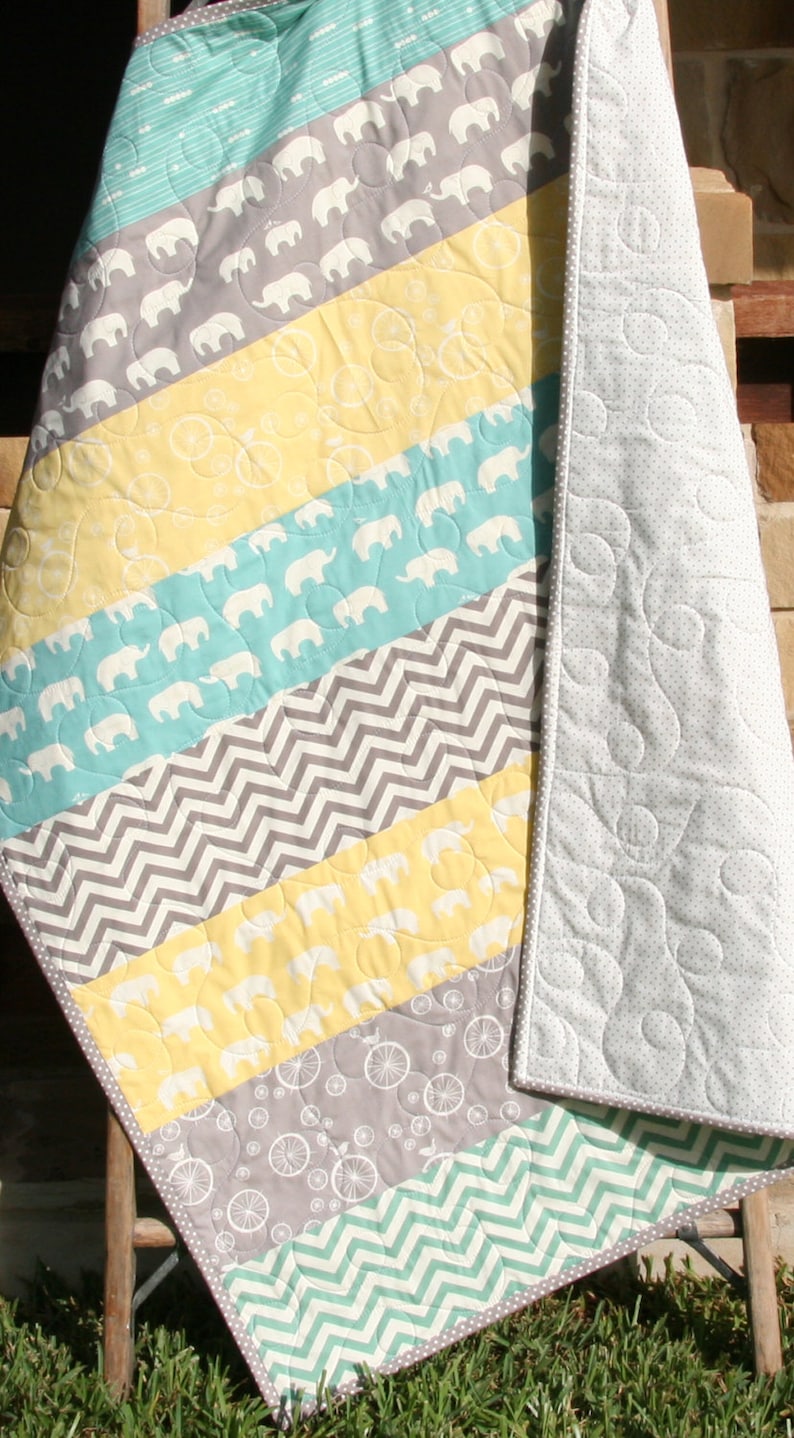 Gender Neutral Quilt, Organic Birch Fabrics, Nursery Bedding, Yellow Mint Grey, Boy Girl, Chevron Elephant, Striped Minimalist, Newborn Gift image 1