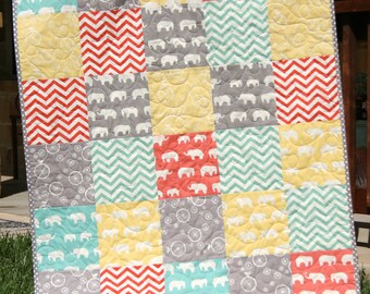 Organic Baby Quilt, Elephant Baby Blanket, Chevron Nursery Bedding, Crib Cot Quilt, Coral Yellow Mint, Patchwork Neutral, Gift for Baby
