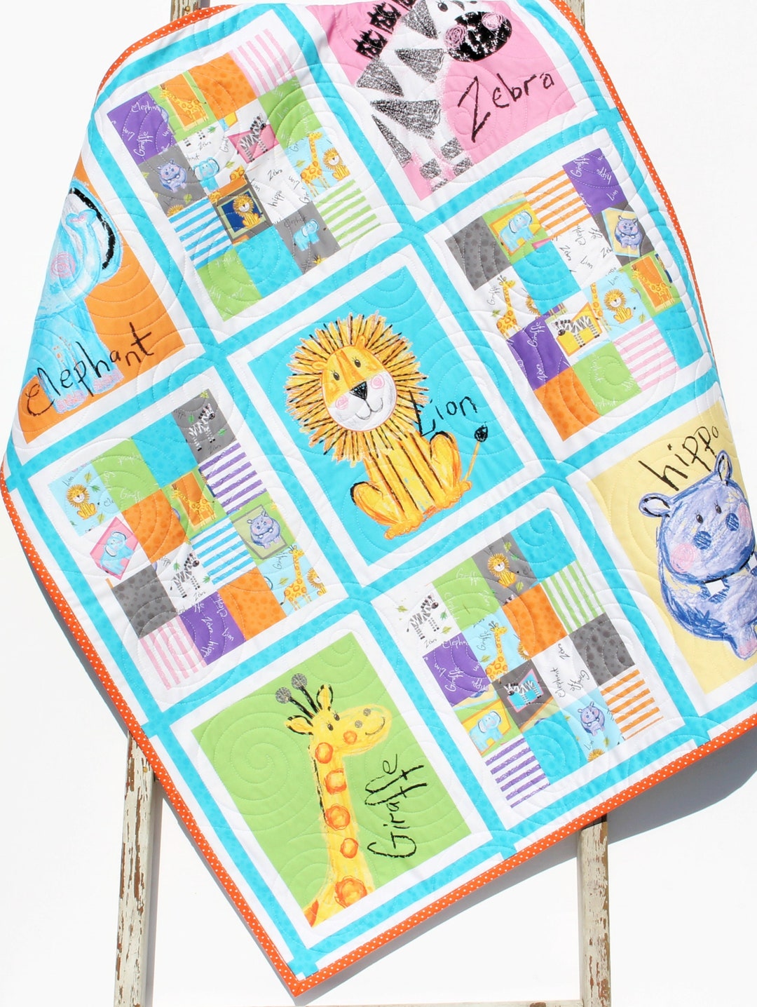 Safari Animal Quilt Nursery Decor Jungle Baby Bedding Colorful Boy or ...
