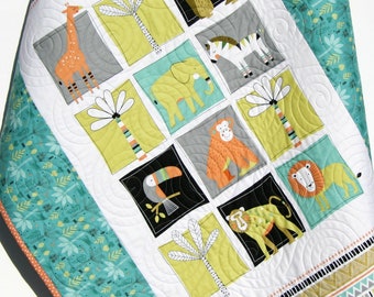 Jungle Quilt, Safari Animals, Baby Nursery Bedding, Crib Cot Blanket Elephant Decor, Zebra Lion Giraffe, Boy Girl Newborn Shower Gift Unisex