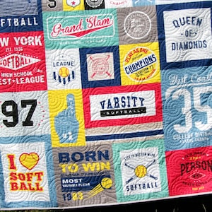 Softball Quilt, Patchwork Blanket, Adult Minky, Varsity Sports Fan, Handmade Quilt, Home Decor Homemade Personalize Name, Graduation Gifts