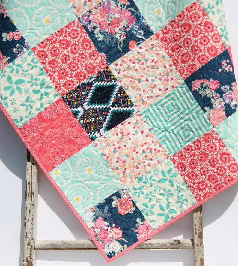Minky Blanket Baby Girl Quilt Navy Coral Nursery Bedding Etsy