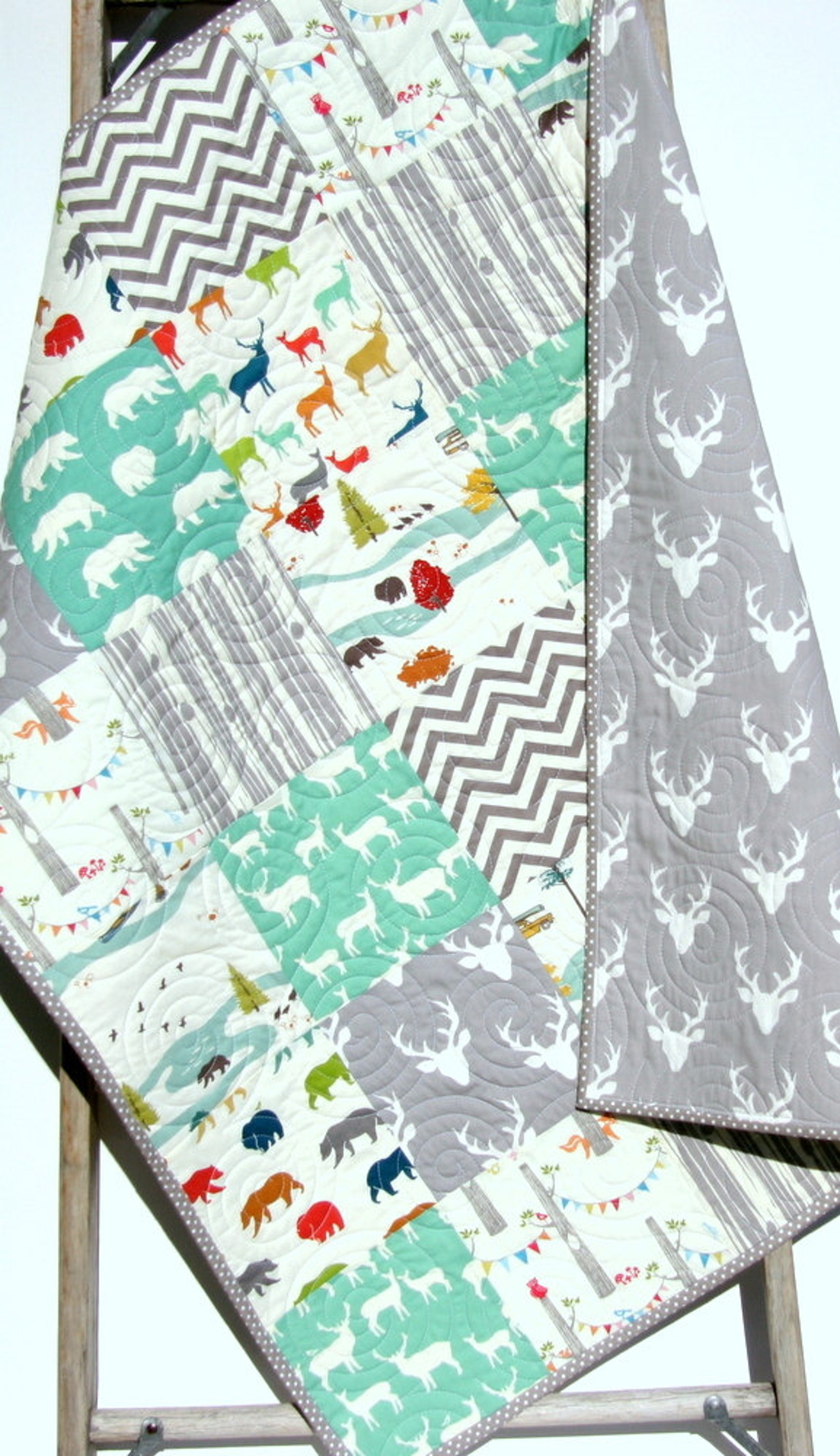 Buck Baby Bedding Boy Deer Quilt Mint Baby Quilt Gray Deer Etsy