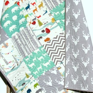 Buck Baby Bedding, Boy Deer Quilt, Mint Baby Quilt, Gray, Deer Baby Bedding, Toddler, Gray Deer Quilt, Chevron, Antler Baby Blanket, Gifts