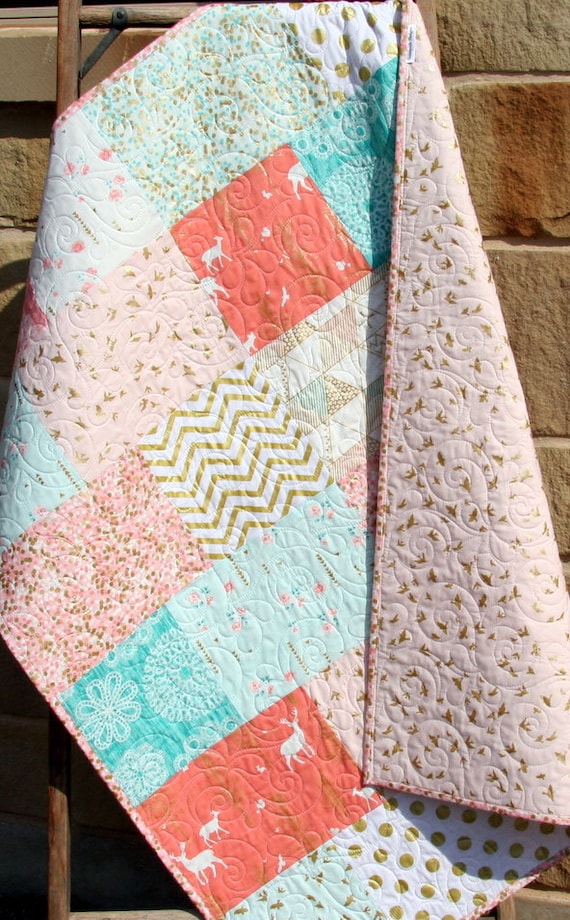 Pink and Gold Blanket Quilts Nursery Decor Fawn Deer Baby Quilt