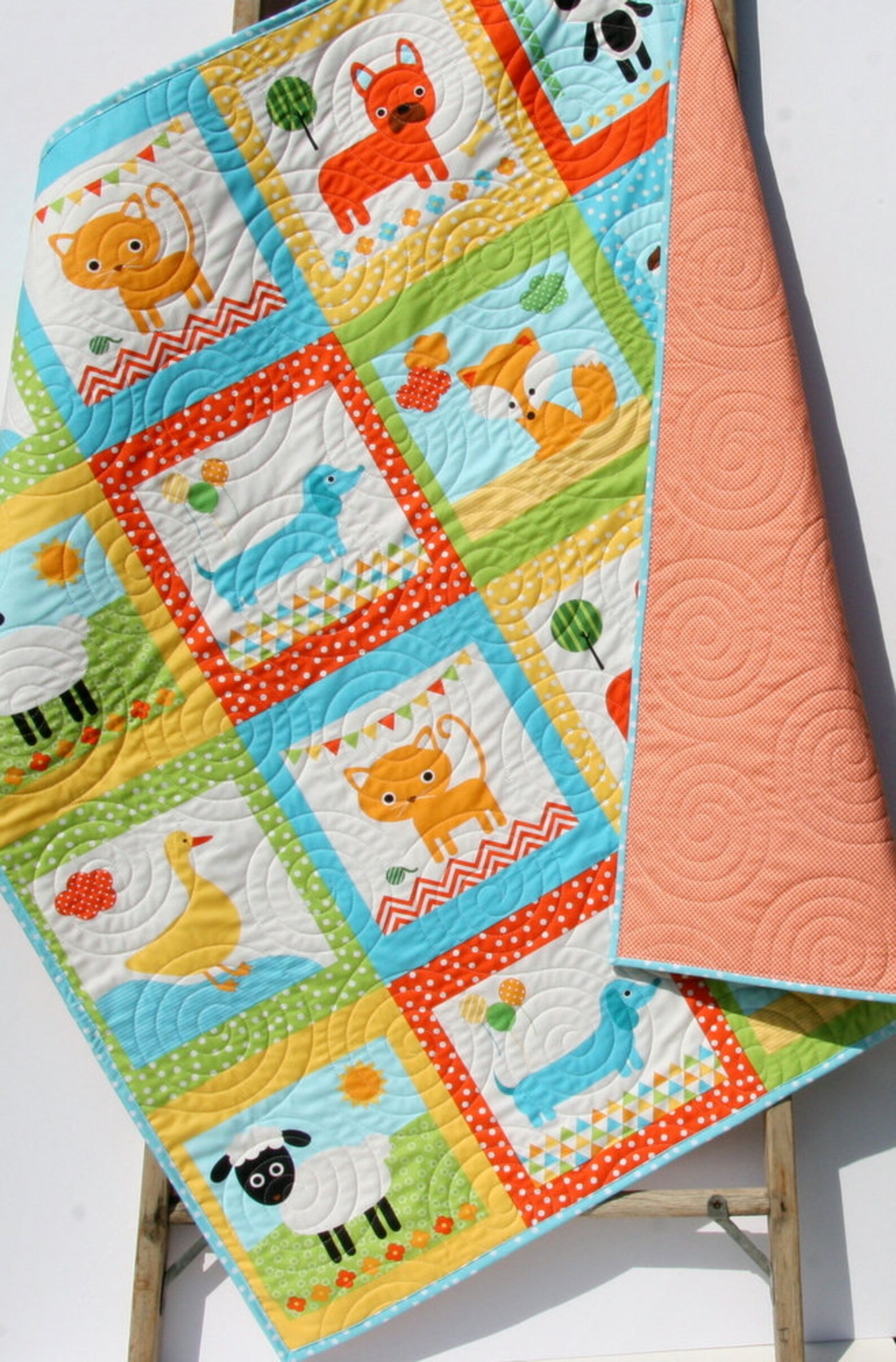 Neutral Baby Quilt Animal Baby Bedding Dog Blanket Blue Etsy