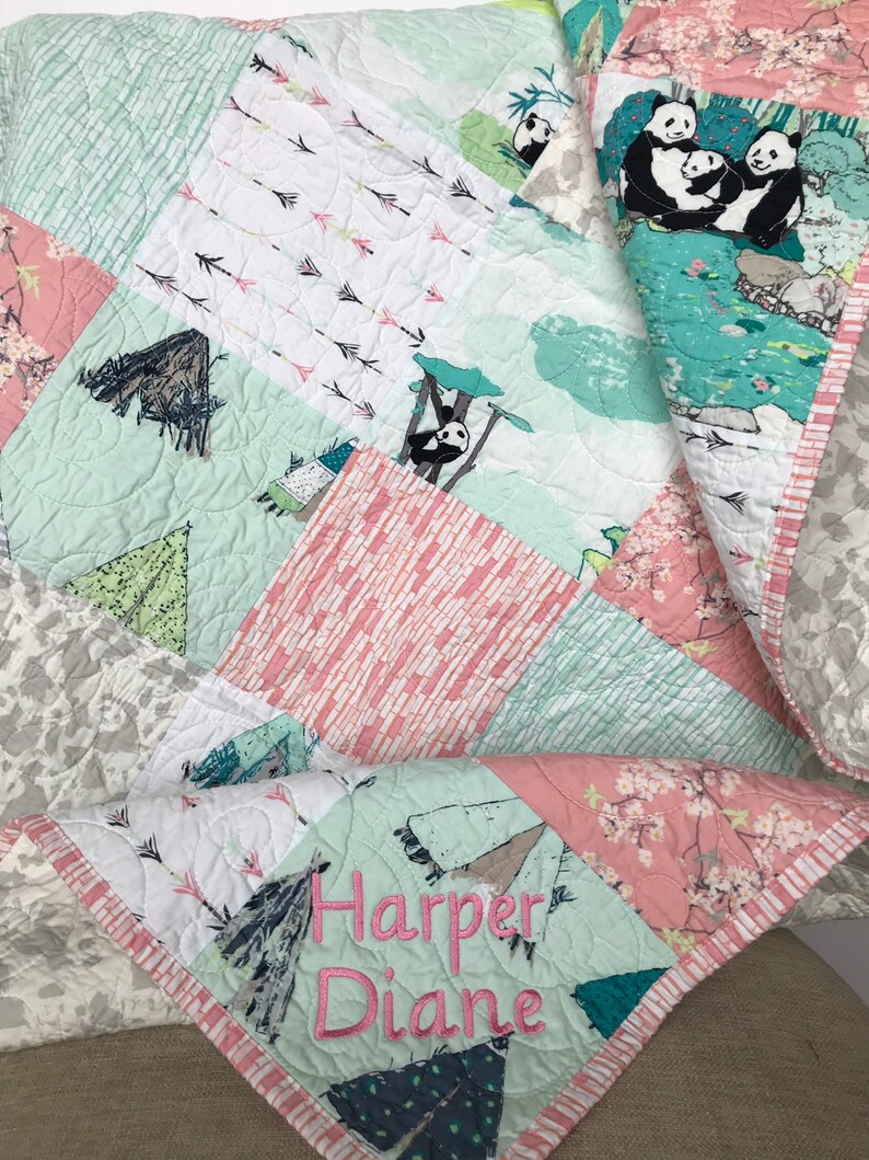 Personalized Baby Quilt Panda Girl Crib Bedding Coral Pink Etsy