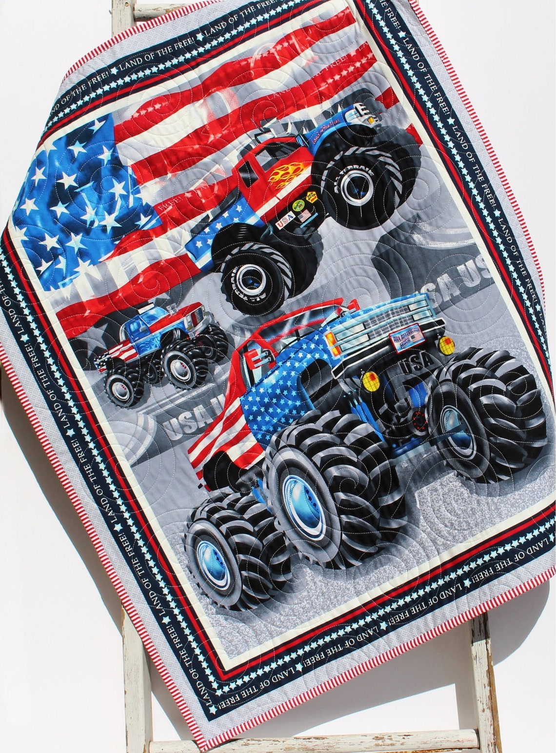 American Monster Truck Quilt Boy Baby Blanket Nursery Bedding Etsy 日本
