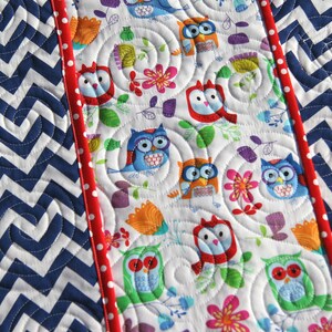 SALE LAST ONE Owl Quilt, Blue Chevron Blanket, Primary Colors, Red Blue Green Orange, Nursery Bedding, Crib Cot, Gender Neutral, Boy or Girl image 3
