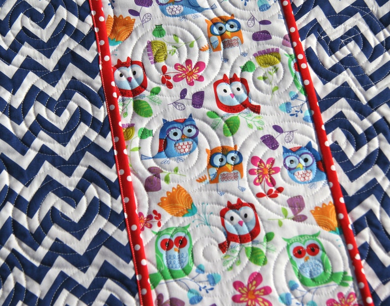 SALE LAST ONE Owl Quilt, Blue Chevron Blanket, Primary Colors, Red Blue Green Orange, Nursery Bedding, Crib Cot, Gender Neutral, Boy or Girl image 3