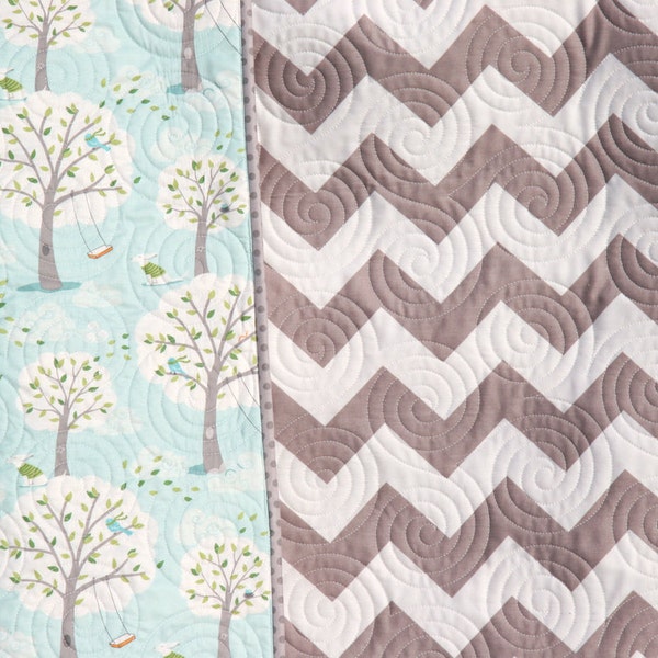 Baby Shower Gift, Swaddle Blanket, Personalized Baby Quilt, Chevron Stroller Blanket, Trees Backyard Swing, Grey Gray Blue, Newborn Gift