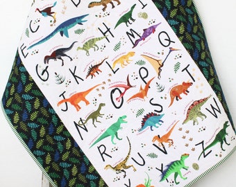 Dino Baby Quilt, Alphabet Baby Blanket Nursery Crib Bedding Newborn Boy Dinosaurs Modern Nursery Bedding T-Rex Personalized Name Letters ABC