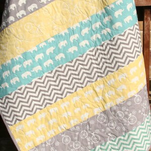 Gender Neutral Quilt, Organic Birch Fabrics, Nursery Bedding, Yellow Mint Grey, Boy Girl, Chevron Elephant, Striped Minimalist, Newborn Gift image 4