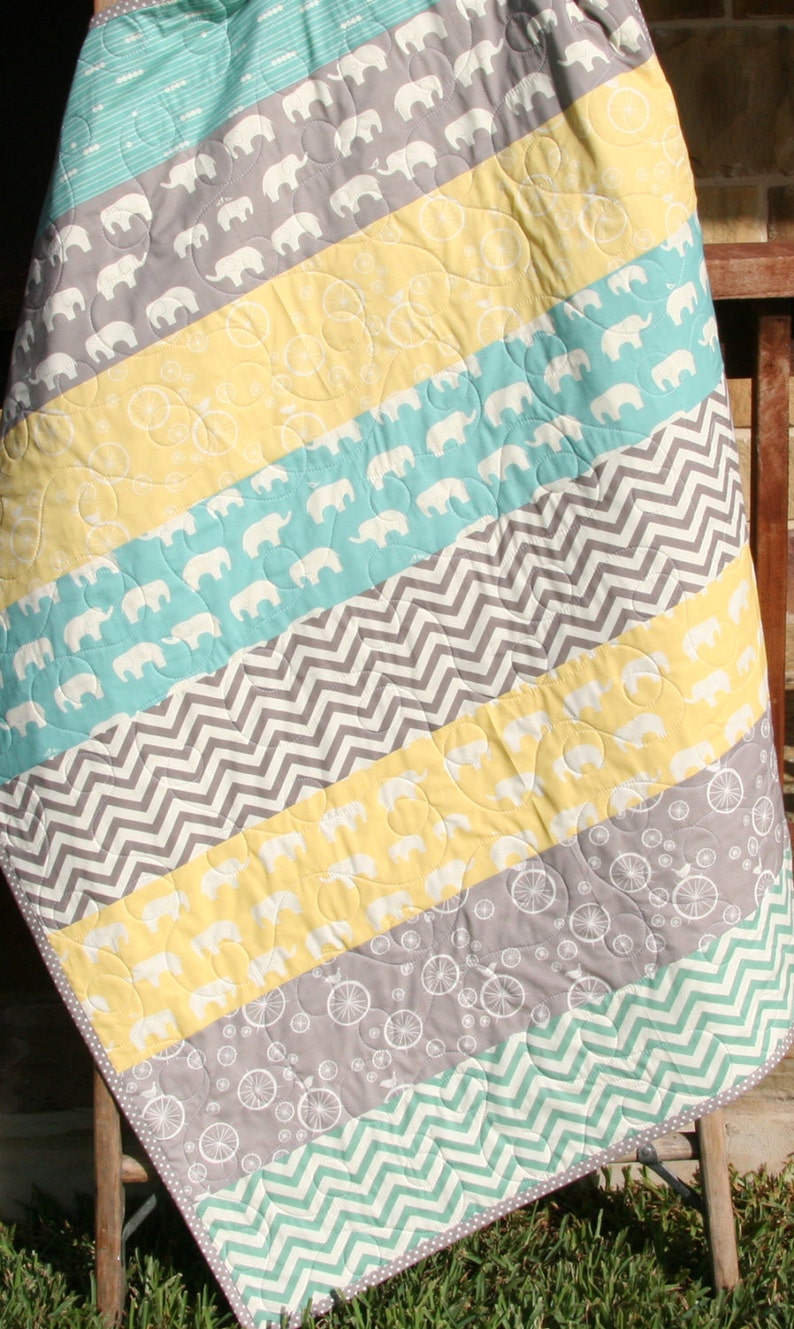 Gender Neutral Quilt, Organic Birch Fabrics, Nursery Bedding, Yellow Mint Grey, Boy Girl, Chevron Elephant, Striped Minimalist, Newborn Gift image 4