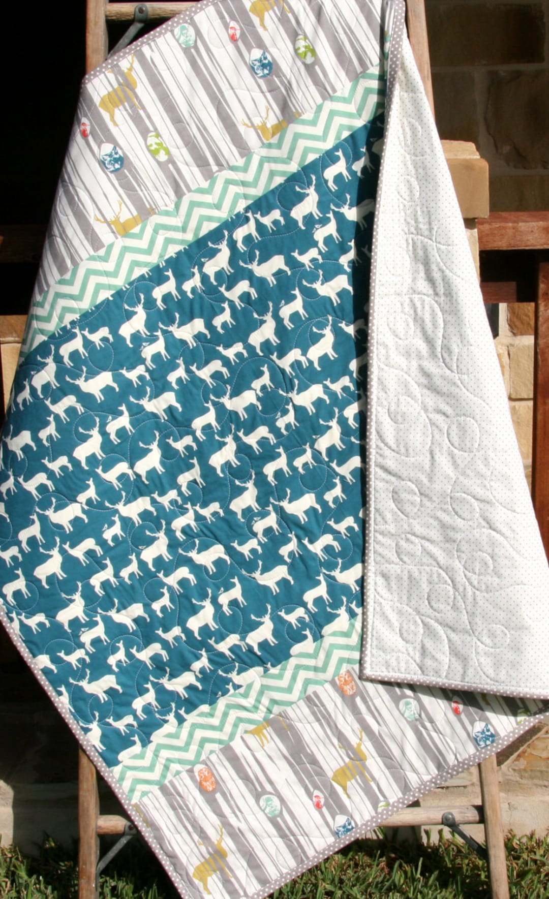 Teal Deer Baby Quilt Embroidered Baby Blanket Woodland Nursery Etsy