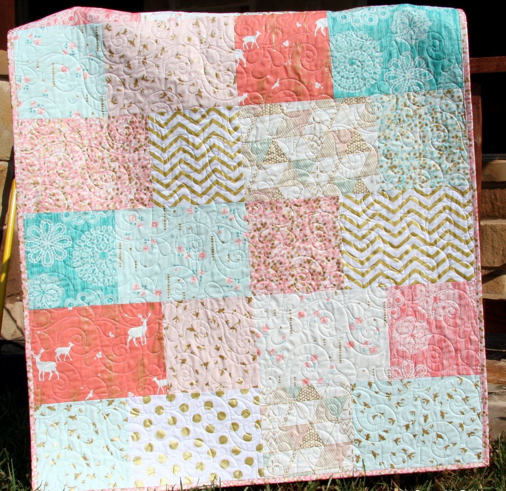 Pink and Gold Blanket Quilts Nursery Decor Fawn Deer Baby - Etsy