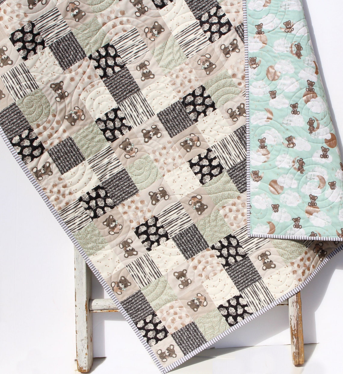 Teddy Bear Quilt Baby Boy Handmade Newborn Blanket Mint Grey Etsy