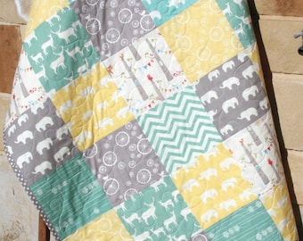 Baby Quilt, Organic Gender Neutral, Yellow Aqua Pool Teal Blue Grey, Deer Elephant Woodland Forest, Bunting Chevron, Boy Girl, Toddler Quilt