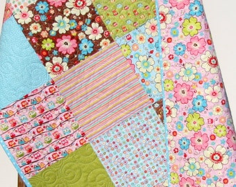 SALE Owl Baby Quilt, Floral Baby Blanket, Modern Girl, Crib Bedding, Pink and Brown Nursery Decor, Handmade Gift, Keepsake, Baby Shower Cot