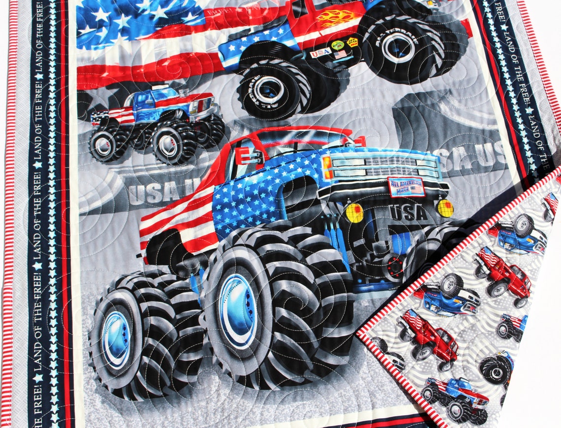 American Monster Truck Quilt Boy Baby Blanket Nursery Bedding Etsy 日本