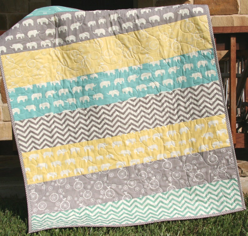 Gender Neutral Quilt, Organic Birch Fabrics, Nursery Bedding, Yellow Mint Grey, Boy Girl, Chevron Elephant, Striped Minimalist, Newborn Gift image 2