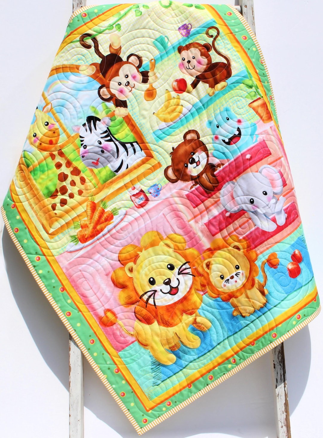 Handmade Jungle Animal Baby Quilt – Personalized Monogram Nursery ...