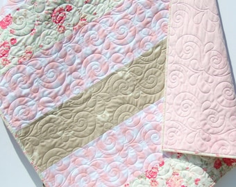 Baby Quilt, Floral Minky Blanket, Farmhouse Plaid, Flower Crib Bedding, Vintage Chic Roses, Coral Pink Grey Gray, Handmade Modern Quilt Gift