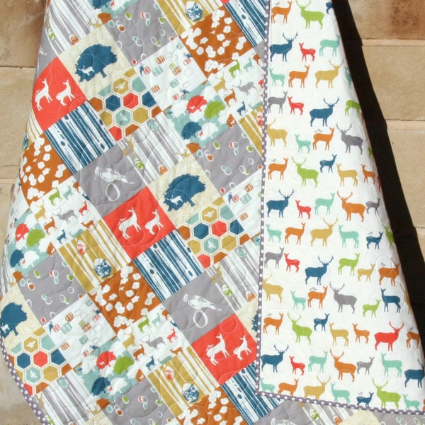 SALE Organic Baby Quilt, Best Toddler Blanket, Boy or Girl Bedding, Outdoor Crib Blanket, Elk Grove Meadow, Deer Fawn Stag, Gender Neutral