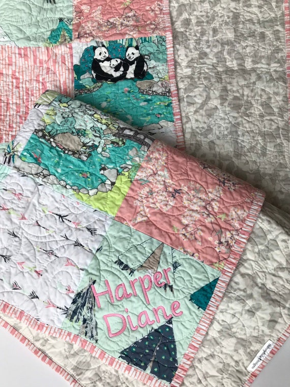 Personalized Baby Quilt Panda Girl Crib Bedding Coral Pink Etsy