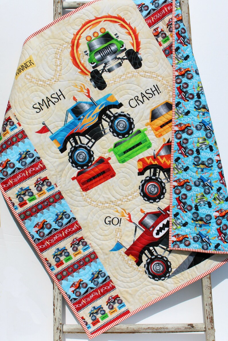Monster Truck Quilt Boy Baby Blanket Nursery Bedding Etsy