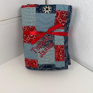 Country Western Baby Quilt, Toddler Bedding, Cowpoke, Wagon, Bandana Patchwork, Crib Quilt, Cowboy Baby Blanket, Navy Blue, Red, Childrens image 9