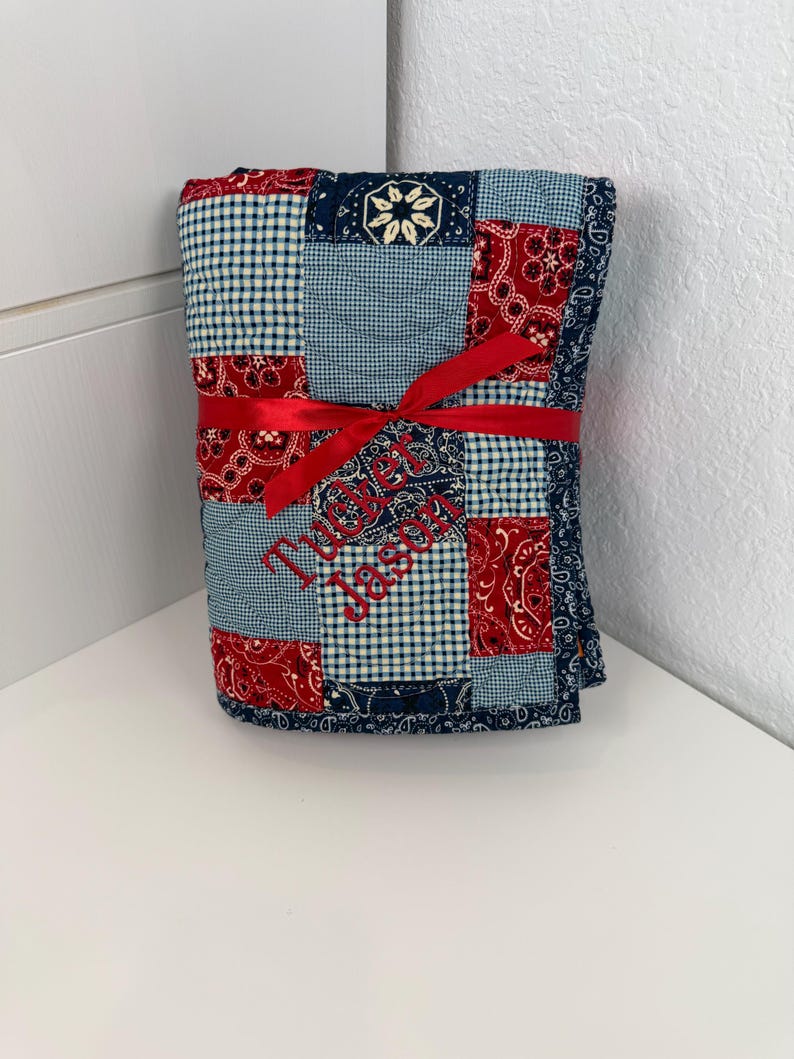 Country Western Baby Quilt, Toddler Bedding, Cowpoke, Wagon, Bandana Patchwork, Crib Quilt, Cowboy Baby Blanket, Navy Blue, Red, Childrens image 9