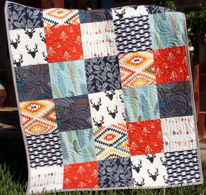 Tribal Nursery, Baby Deer Blanket, Aztec Quilts, Trending Now, Baby Boy Deer Quilt, Woodland Boy Crib, Feathers Crib Bedding, Arrows, Boy image 3