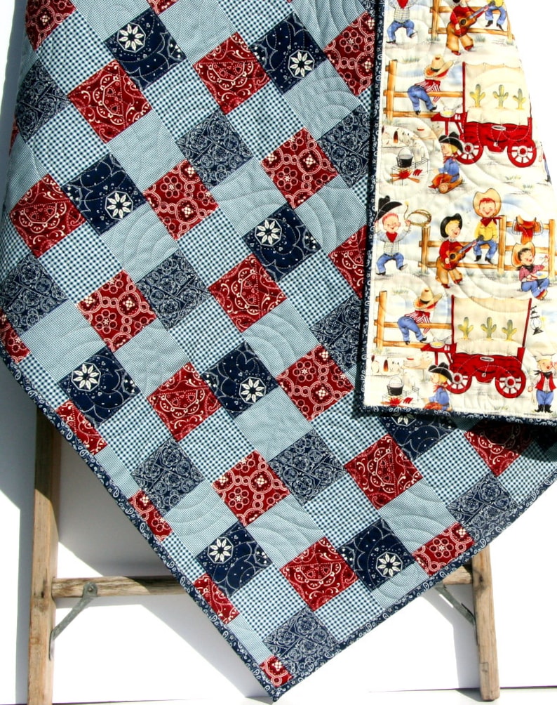 Country Western Baby Quilt, Toddler Bedding, Cowpoke, Wagon, Bandana Patchwork, Crib Quilt, Cowboy Baby Blanket, Navy Blue, Red, Childrens image 1