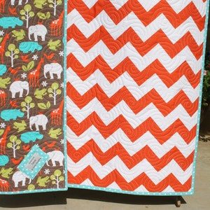 SALE LAST ONE Safari Animals Chevron Baby Quilt, Orange Teal Brown Tan, Elephants Giraffe Hippos, Zoology Gender Neutral, Boy Girl Blanket