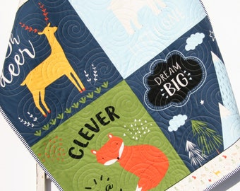 Quilts, Baby Blanket, Woodland Baby Quilt, Nursery Decor, Forest Animals, Fox Deer Bear Camping Mountains Personalized Name Boy Gift Brave