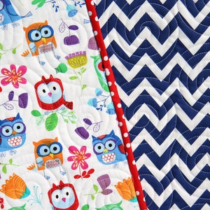SALE LAST ONE Owl Quilt, Blue Chevron Blanket, Primary Colors, Red Blue Green Orange, Nursery Bedding, Crib Cot, Gender Neutral, Boy or Girl image 1