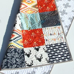 Tribal Nursery, Baby Deer Blanket, Aztec Quilts, Trending Now, Baby Boy Deer Quilt, Woodland Boy Crib, Feathers Crib Bedding, Arrows, Boy image 4