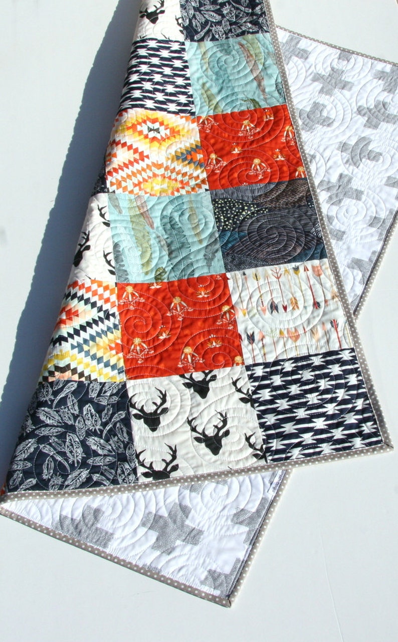 Tribal Nursery, Baby Deer Blanket, Aztec Quilts, Trending Now, Baby Boy Deer Quilt, Woodland Boy Crib, Feathers Crib Bedding, Arrows, Boy image 4