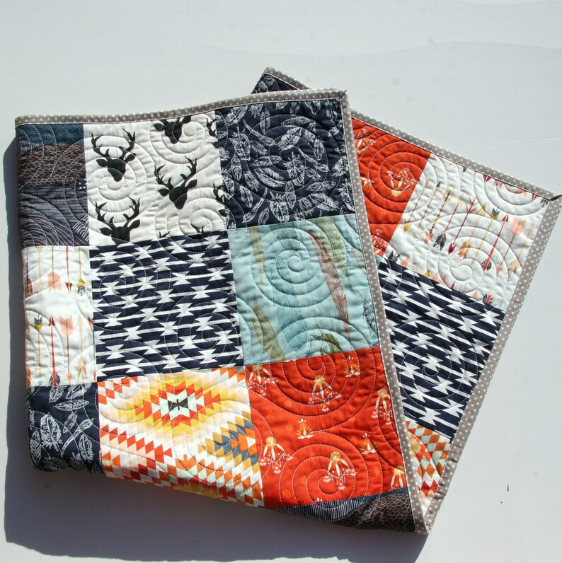 Tribal Nursery, Baby Deer Blanket, Aztec Quilts, Trending Now, Baby Boy Deer Quilt, Woodland Boy Crib, Feathers Crib Bedding, Arrows, Boy image 2