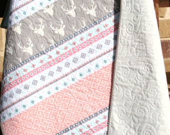 Baby Quilt, Girl, Deer Crib Blanket, Coral, Buck, Nursery Bedding, Mint, Gray, Grey, Aztec Bedding, Gift for Baby, Newborn, Ready to Ship