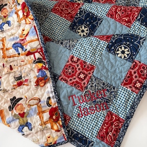 Country Western Baby Quilt, Toddler Bedding, Cowpoke, Wagon, Bandana Patchwork, Crib Quilt, Cowboy Baby Blanket, Navy Blue, Red, Childrens image 5