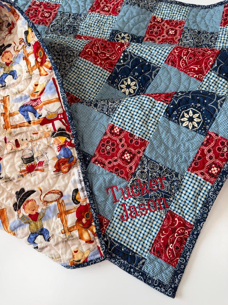 Country Western Baby Quilt, Toddler Bedding, Cowpoke, Wagon, Bandana Patchwork, Crib Quilt, Cowboy Baby Blanket, Navy Blue, Red, Childrens image 5