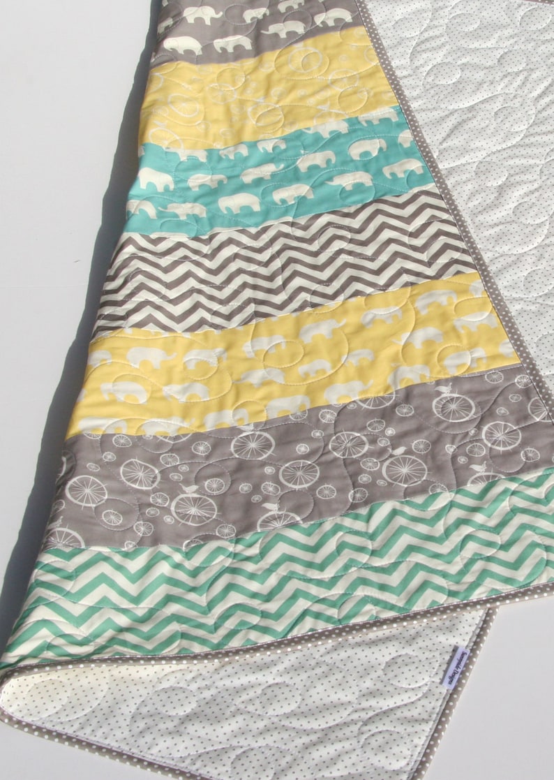 Gender Neutral Quilt, Organic Birch Fabrics, Nursery Bedding, Yellow Mint Grey, Boy Girl, Chevron Elephant, Striped Minimalist, Newborn Gift image 5